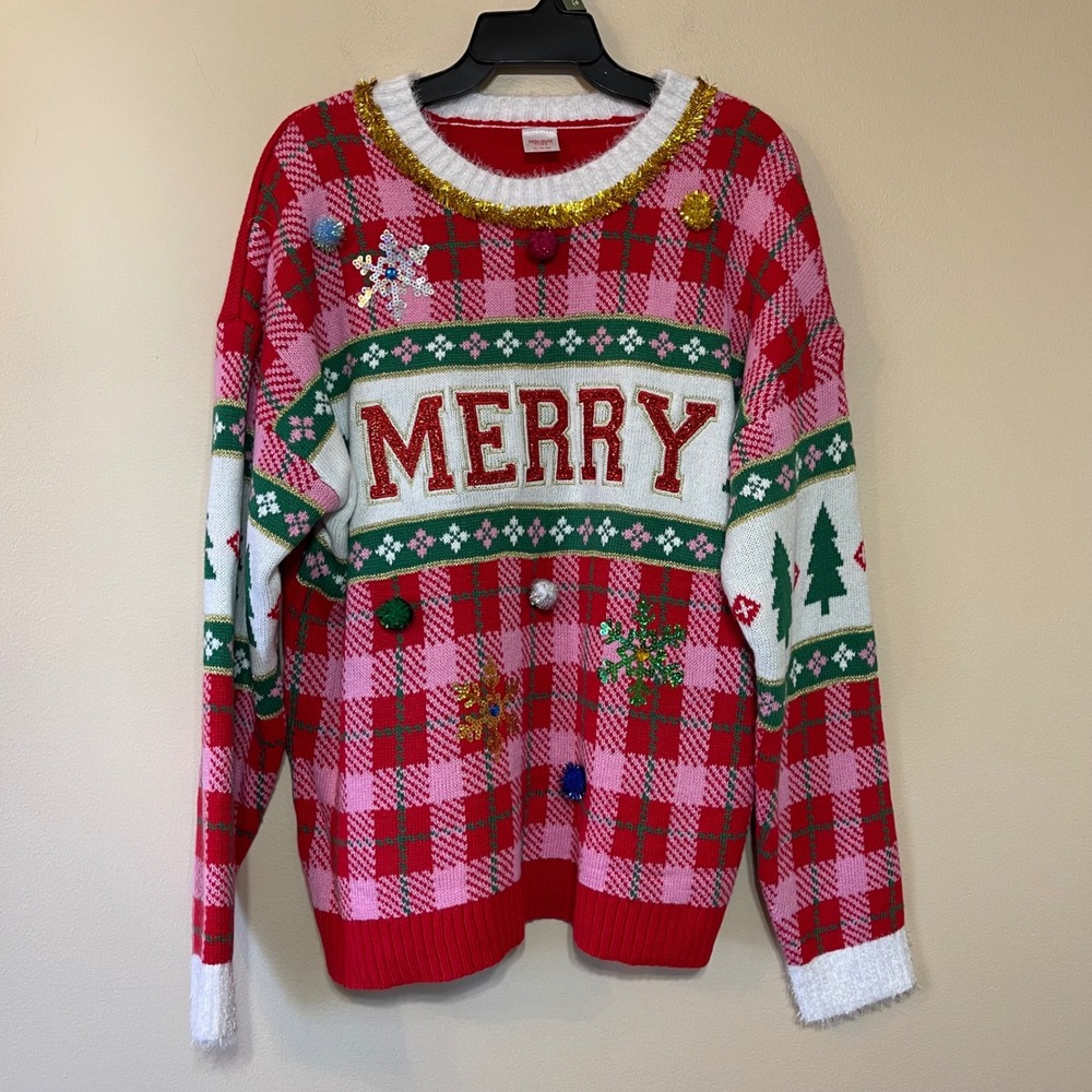 NWT Holiday Time Womens Merry Plaid Red Ugly Christmas Sweater XL 16-18 - Picture 1 of 7
